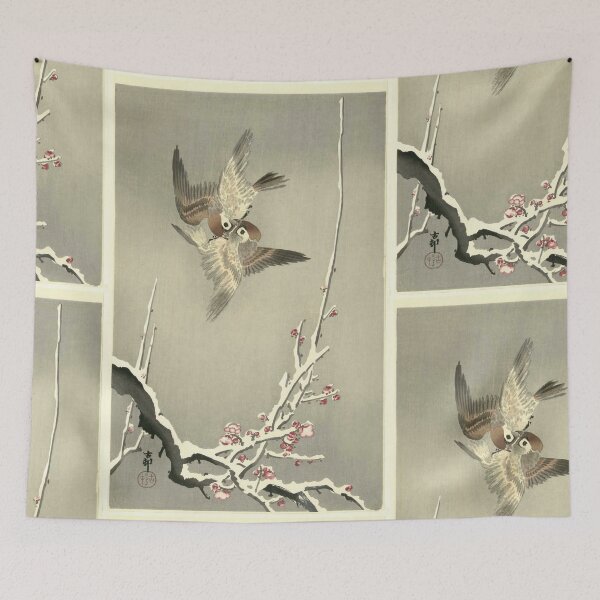 Item preview, Sparrows and Snowy Plum Tree by Ohara Koson : Vintage Japanese Poster designed and sold by artofuniverse.