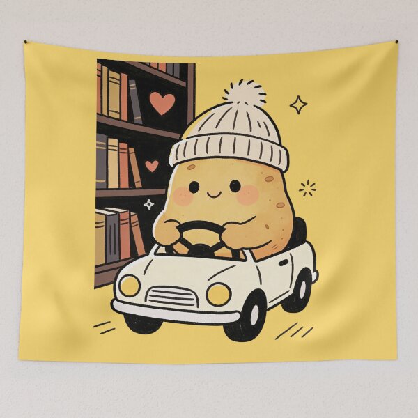 Item preview, Cozy Bookworm Potato Driving Adventure | Kawaii Retro Car & Knit Beanie Design designed and sold by Cherrydora.