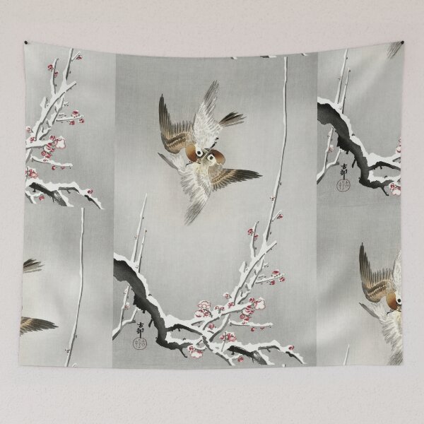 Item preview, Sparrows and Snowy Plum Tree Style 2 by Ohara Koson : Japanese Poster designed and sold by artofuniverse.