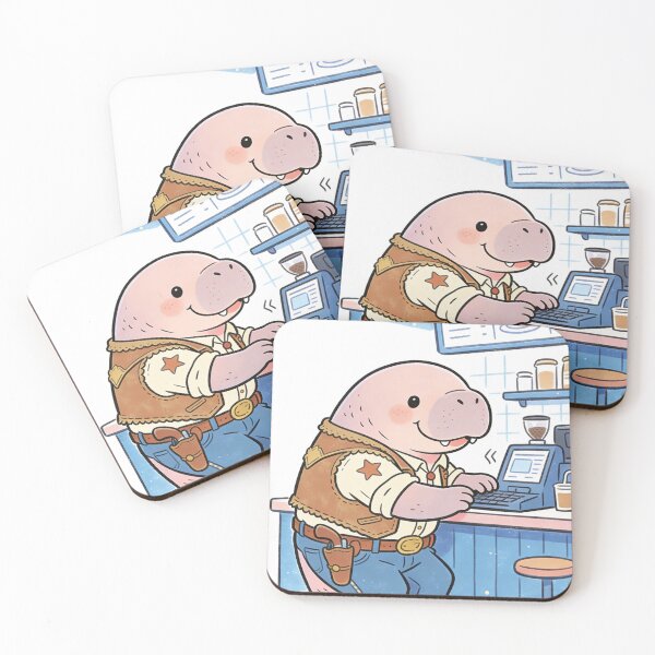 Item preview, Whimsical Cowboy Manatee Barista | Cute Western Sea Cow Coffee Shop Art designed and sold by Cherrydora.
