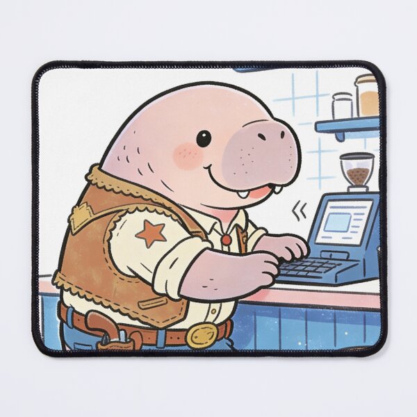 Item preview, Whimsical Cowboy Manatee Barista | Cute Western Sea Cow Coffee Shop Art designed and sold by Cherrydora.