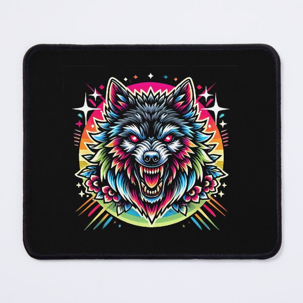 Item preview, Fierce Rainbow Wolf Head with Glowing Red Eyes and Floral Accents designed and sold by beast-net.