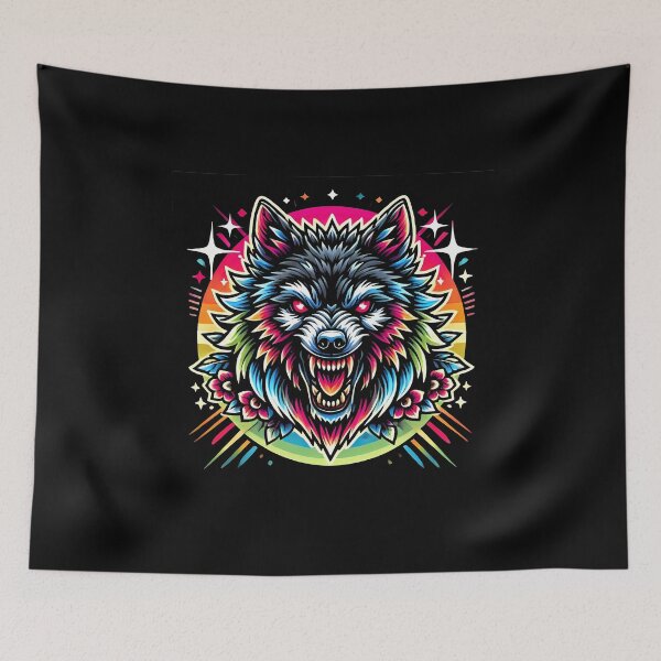 Item preview, Fierce Rainbow Wolf Head with Glowing Red Eyes and Floral Accents designed and sold by beast-net.