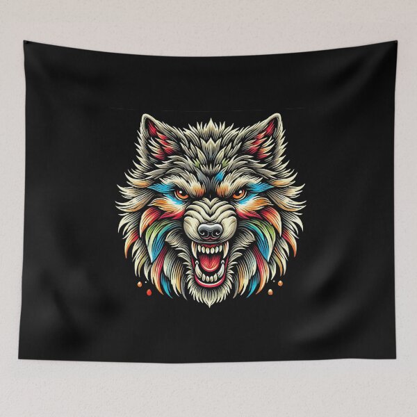 Item preview, Aggressive Abstract Wolf Head with Vibrant Multi-Color Fur and Sharp Fangs designed and sold by beast-net.