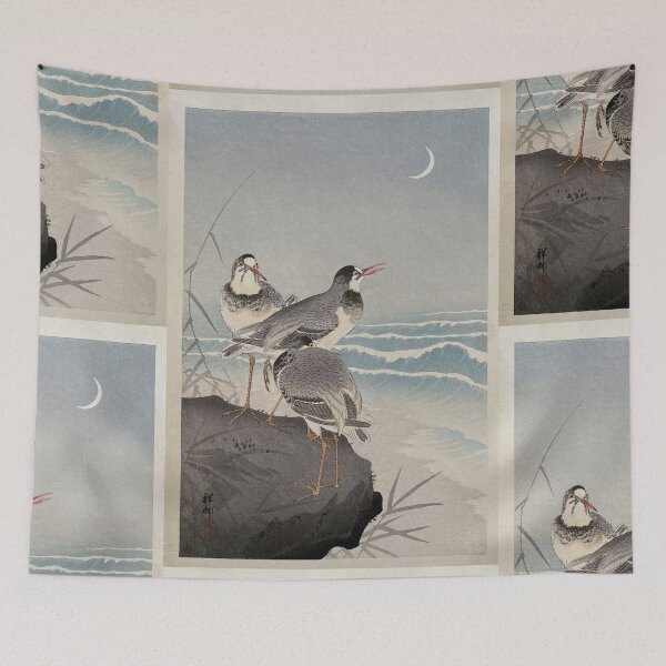 Item preview, Thee Plovers on a Rock the Seaside and a Crescent Moon Behind by Ohara Koson : Coastal Shin Hanga Japanese Poster designed and sold by artofuniverse.