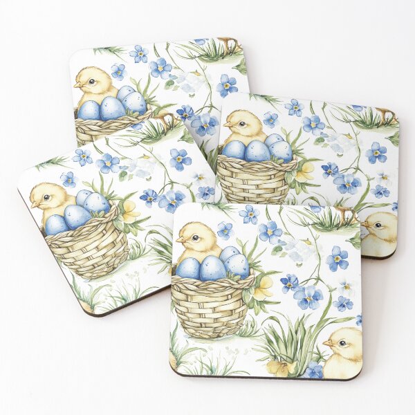 Item preview, Blue Yellow Easter Eggs Chicks Baskets Painted Flowers Spring Watercolor All Over designed and sold by Feeling Artsy.