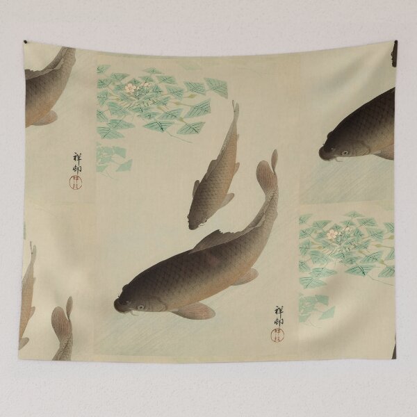Item preview, Two Carp and Blooming Water Plants by Ohara Koson : Tranquil Japanese Poster designed and sold by artofuniverse.