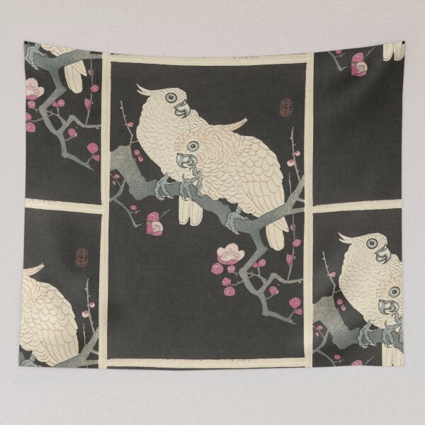 Item preview, Two Cockatoos on Branch With Plum Blossom by Ohara Koson : Japandi Japanese Poster designed and sold by artofuniverse.