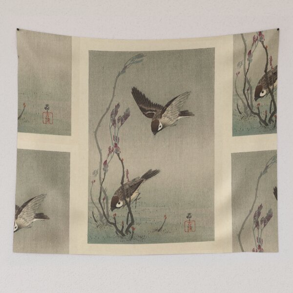 Item preview, Two Sparrows by Ohara Koson : Shin Hanga Nature Study Japanese Poster designed and sold by artofuniverse.