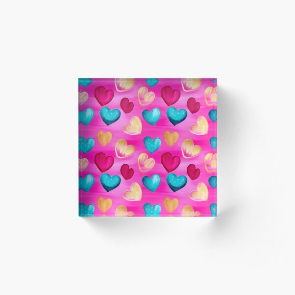 Artikelvorschau, Buntes Herzmuster | Niedliche Liebeskunst auf rosa Hintergrund entworfen und verkauft von PixelExpressStudio.