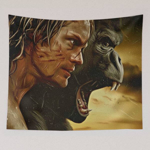 Item preview, Jungle King and Silverback Art | Primal Nature Man and Ape Painting | Wild Adventure Sunset Portrait Poster designed and sold by Art's Diner.