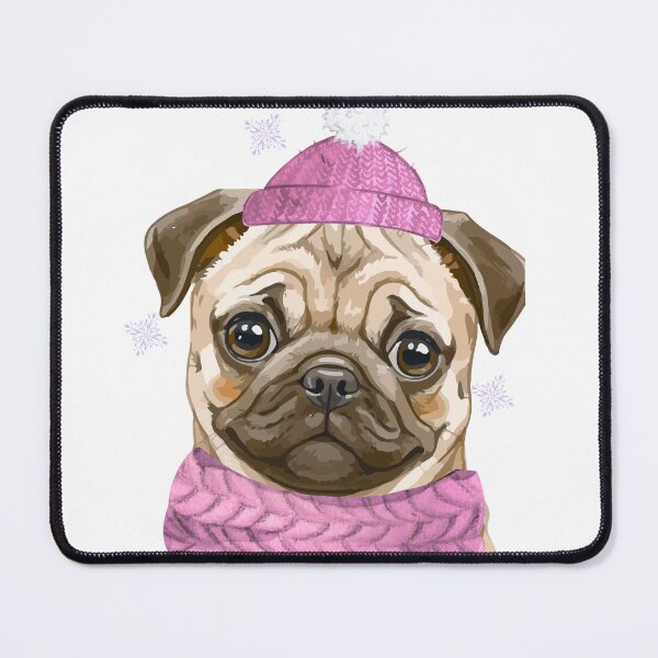 Artikelvorschau, Winter Pug Illustration – Cute Pug in Pink Hat & Scarf – Cozy Dog Art entworfen und verkauft von MitMopsundHerz Rosinchens_Welt.