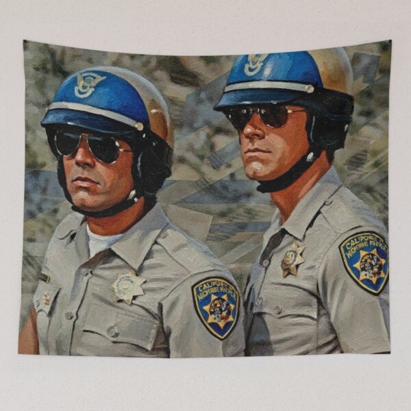 Item preview, 70s Retro Motorcycle Police Art | Vintage Highway Officer Painting | California Sun Aviator Poster designed and sold by Art's Diner.