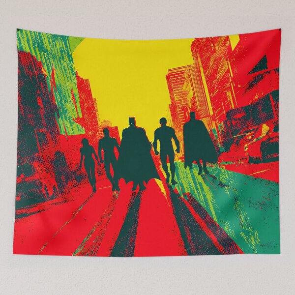 Item preview, Justice League Retro Poster Art - DC Heroes Psychedelic Sunset Silhouette designed and sold by LoomisDreams.