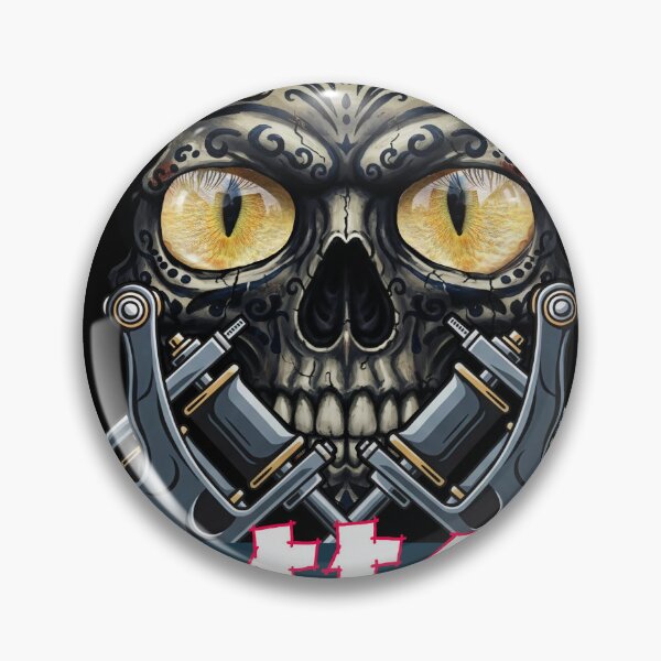 Item preview, Tattoo fan - tattooed skull with cat eyes and two tattoo machines designed and sold by ARIVONTEE.