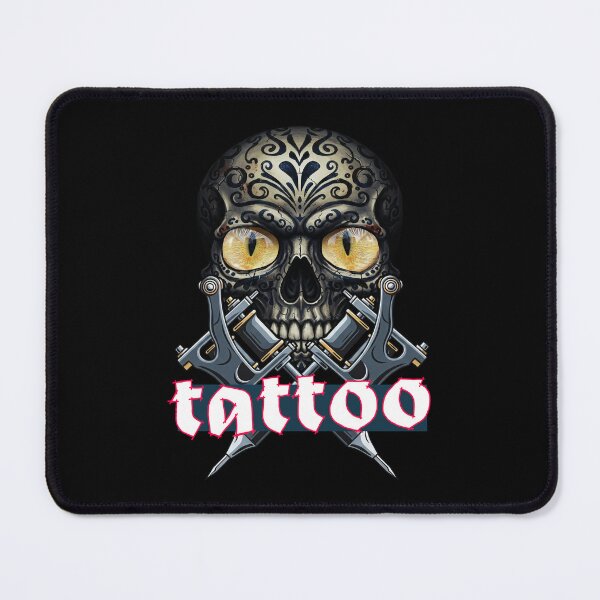 Item preview, Tattoo fan - tattooed skull with cat eyes and two tattoo machines designed and sold by ARIVONTEE.
