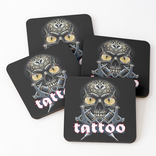 Item preview, Tattoo fan - tattooed skull with cat eyes and two tattoo machines designed and sold by ARIVONTEE.