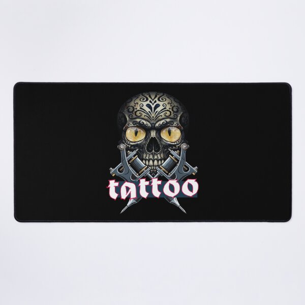 Item preview, Tattoo fan - tattooed skull with cat eyes and two tattoo machines designed and sold by ARIVONTEE.