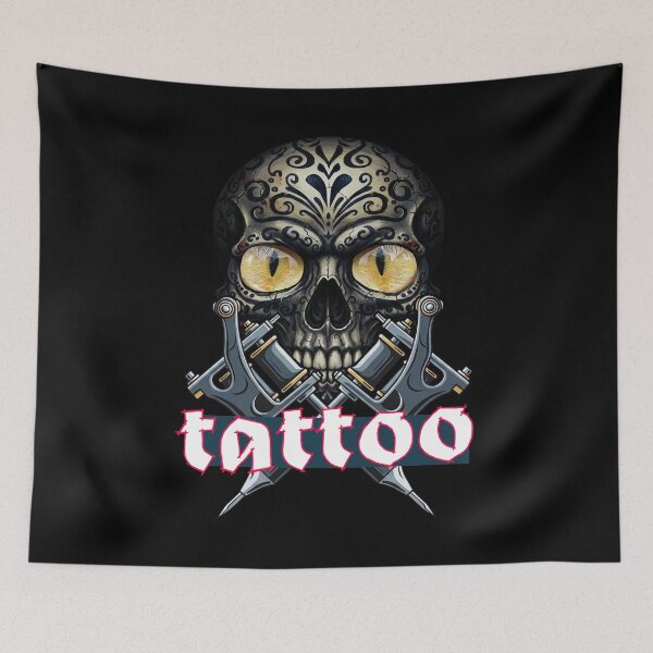 Item preview, Tattoo fan - tattooed skull with cat eyes and two tattoo machines designed and sold by ARIVONTEE.