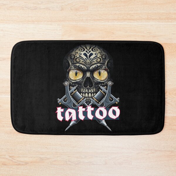 Item preview, Tattoo fan - tattooed skull with cat eyes and two tattoo machines designed and sold by ARIVONTEE.
