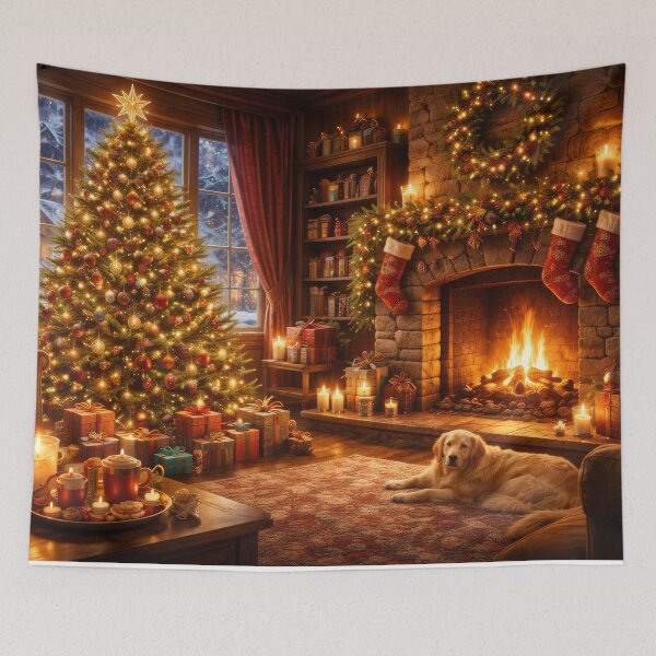 Item preview, Cosy Christmas Fireplace With Tree And Dog designed and sold by ArtComixHaven.