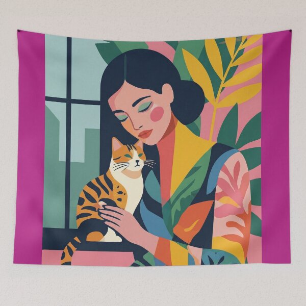 Item preview, Serene Woman Holding Cat With Colorful Botanical Patterns designed and sold by Auroracat2025.