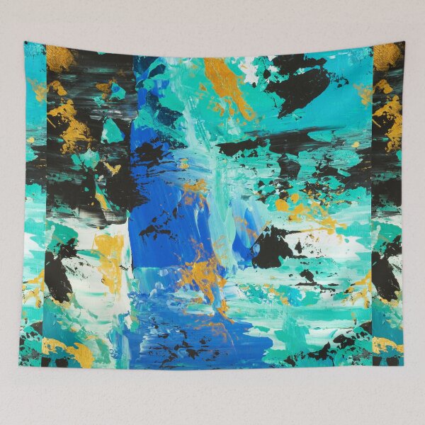 Item preview, Abstract blue turquoise gold brushstrokes original acrylic painting designed and sold by GirlyTrend.
