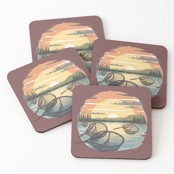 Item preview, Vintage Fishing Nets at Sunset - Peaceful Lake Nature Illustration. designed and sold by LunaPrintCo.