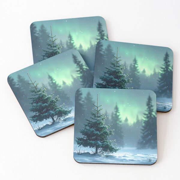 Item preview, A lone fir tree in the snow beneath a brilliant aurora borealis. designed and sold by Schoenenwald — Art Japonais, Zen & Nature.