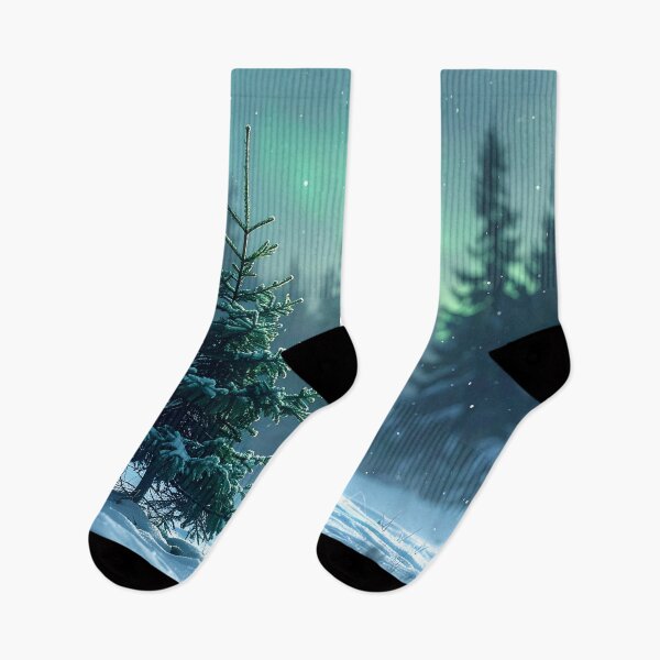 Item preview, A lone fir tree in the snow beneath a brilliant aurora borealis. designed and sold by Schoenenwald - Illustrations Uniques et Originales.