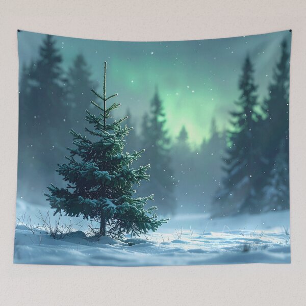 Item preview, A lone fir tree in the snow beneath a brilliant aurora borealis. designed and sold by Schoenenwald — Art Japonais, Zen & Nature.