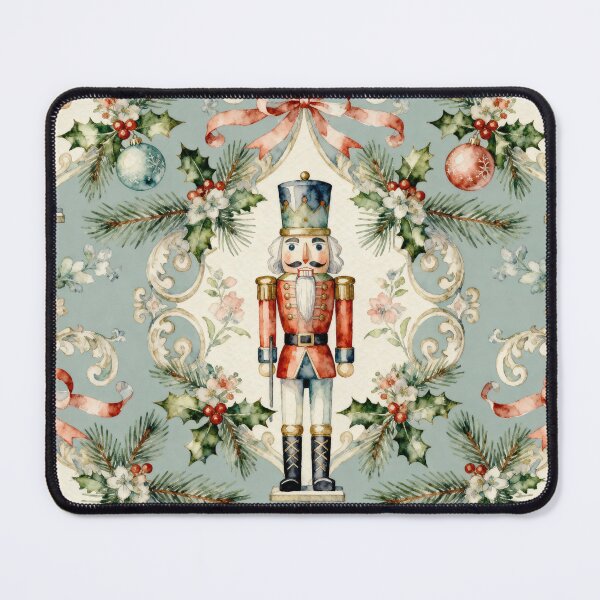 Item preview, Seamless Watercolor Nutcracker Christmas Pattern on Blue | Vintage Holly, Pine & Ribbon Holiday Wallpaper Design designed and sold by SezzyDesigns.