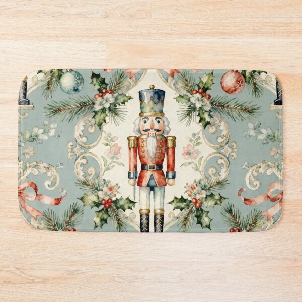 Item preview, Seamless Watercolor Nutcracker Christmas Pattern on Blue | Vintage Holly, Pine & Ribbon Holiday Wallpaper Design designed and sold by SezzyDesigns.