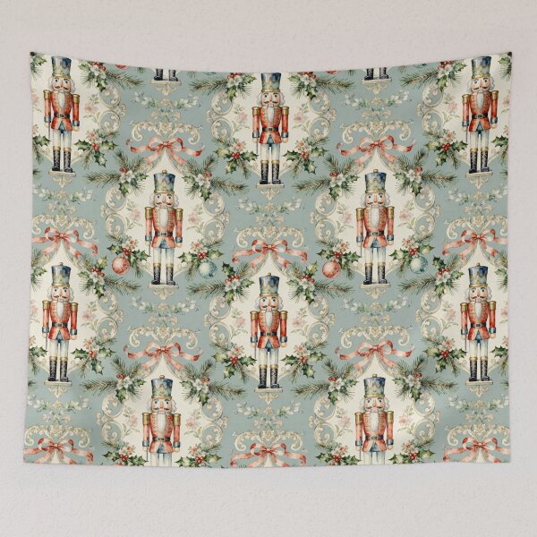 Item preview, Seamless Watercolor Nutcracker Christmas Pattern on Blue | Vintage Holly, Pine & Ribbon Holiday Wallpaper Design designed and sold by SezzyDesigns.