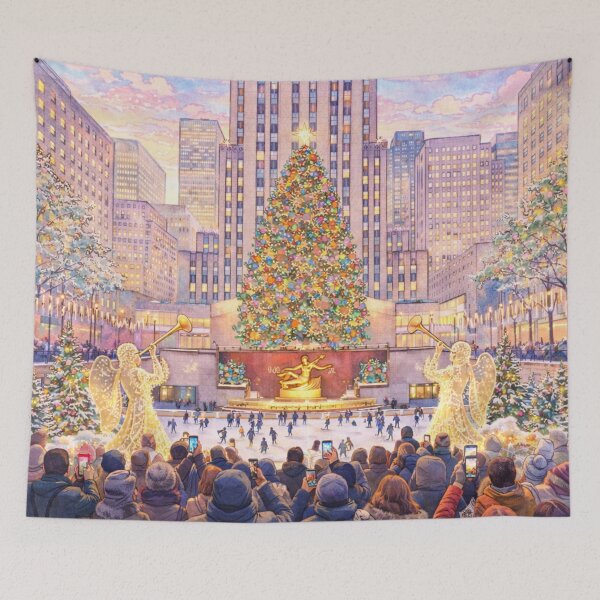 Item preview, Rockefeller Center Christmas Tree & Ice Skating at Sunset in New York City – Whimsical Holiday Art Print designed and sold by SezzyDesigns.