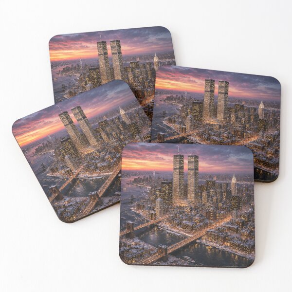 Item preview, Winter Sunset Over Downtown Manhattan Skyline with Twin Towers – New York City Aerial Art Print designed and sold by SezzyDesigns.