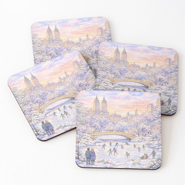 Item preview, Central Park Winter Ice Skating Under Bow Bridge at Sunset – Whimsical New York City Art Print designed and sold by SezzyDesigns.