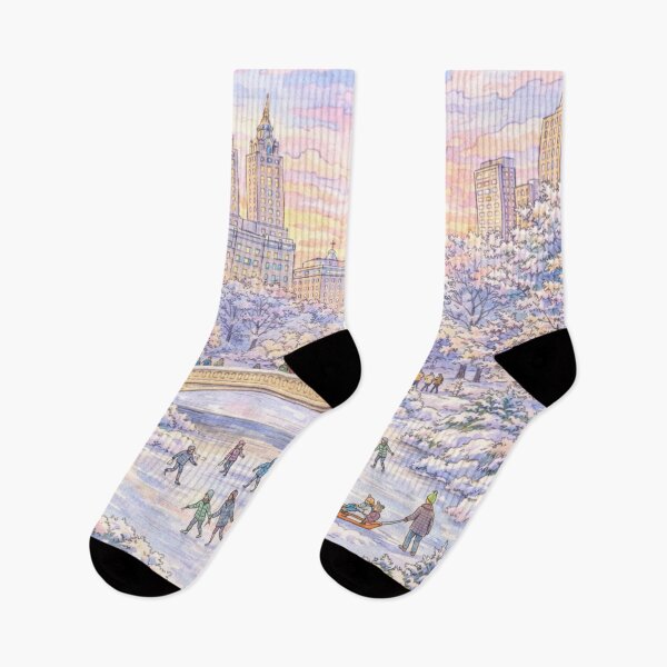 Item preview, Central Park Winter Ice Skating Under Bow Bridge at Sunset – Whimsical New York City Art Print designed and sold by SezzyDesigns.