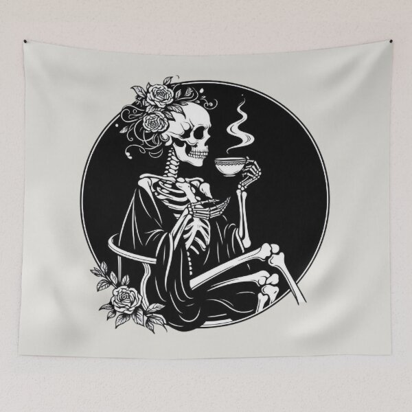 Item preview, Gothic Skeleton Morning – Cozy Dark Line Art designed and sold by Roberta Calabrese.