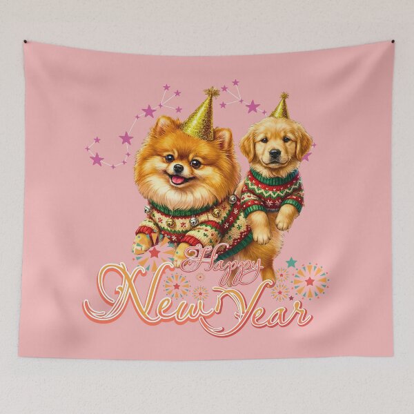 Item preview, Cute Pomeranian & Golden Retriever Puppy Happy New Year | Ugly Sweater Party designed and sold by E-SarnEdge.