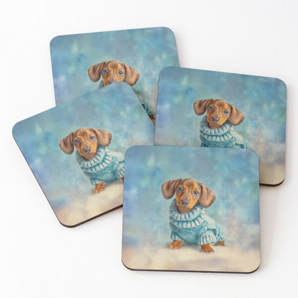 Item preview, Cozy Brown Dachshund Puppy in Blue Knitted Sweater Portrait designed and sold by skibreck.