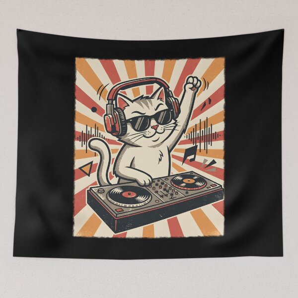 Item preview, DJ Cat Party Illustration with Headphones and Turntables Retro Music Vibe Design designed and sold by tigger shop.
