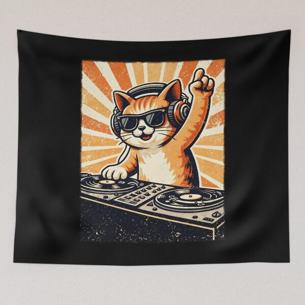 Item preview, DJ Cat Party Illustration with Headphones and Turntables Retro Music Vibe Design designed and sold by tigger shop.