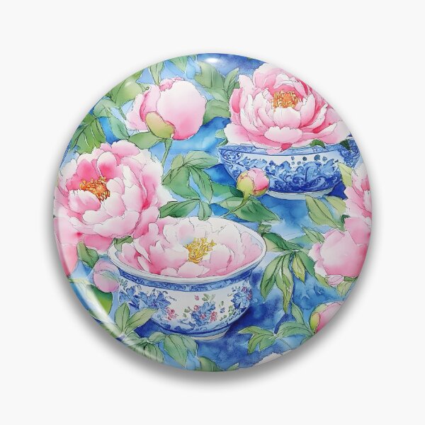 Item preview, Peonies in chinoiserie jars on blue watercolor painting designed and sold by SophieClimaArt.