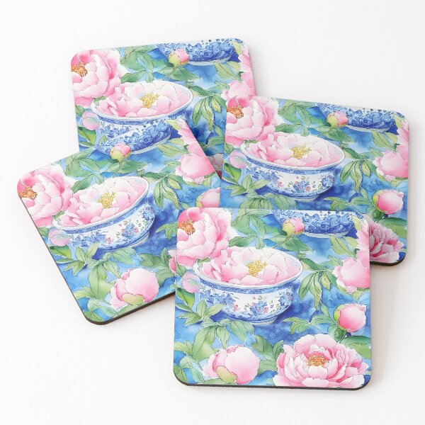 Item preview, Peonies in chinoiserie jars on blue watercolor painting designed and sold by SophieClimaArt.