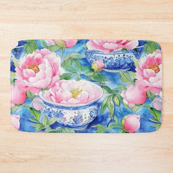 Item preview, Peonies in chinoiserie jars on blue watercolor painting designed and sold by SophieClimaArt.