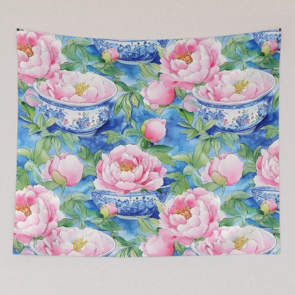 Item preview, Peonies in chinoiserie jars on blue watercolor painting designed and sold by SophieClimaArt.