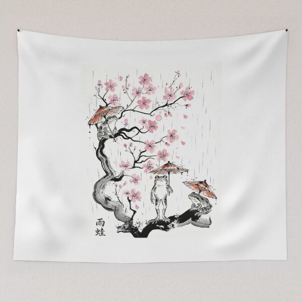 Item preview, Japanese Sumi-e Rain Frogs & Sakura - Amagaeru Ink Painting designed and sold by nori0711.