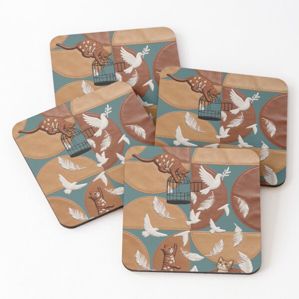 Item preview, Cats Releasing Carrier Pigeons Embroidery and Leather Illustration designed and sold by Ciervo Primavera.
