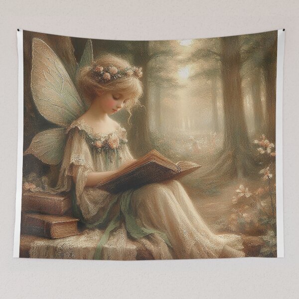 Item preview, Vintage Inspired Young Fairy Reading A Book In The Forest | Fairy Art designed and sold by Nicole-Cherie.